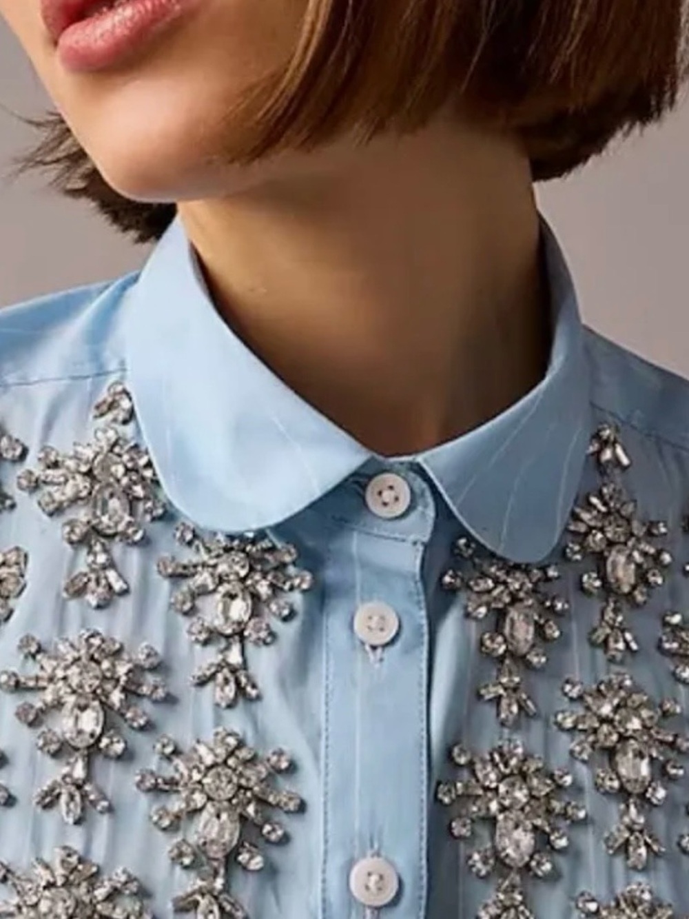 J Crew Embellished Light Blue Short-Sleeve Button-Up Top - Picture 2 of 3